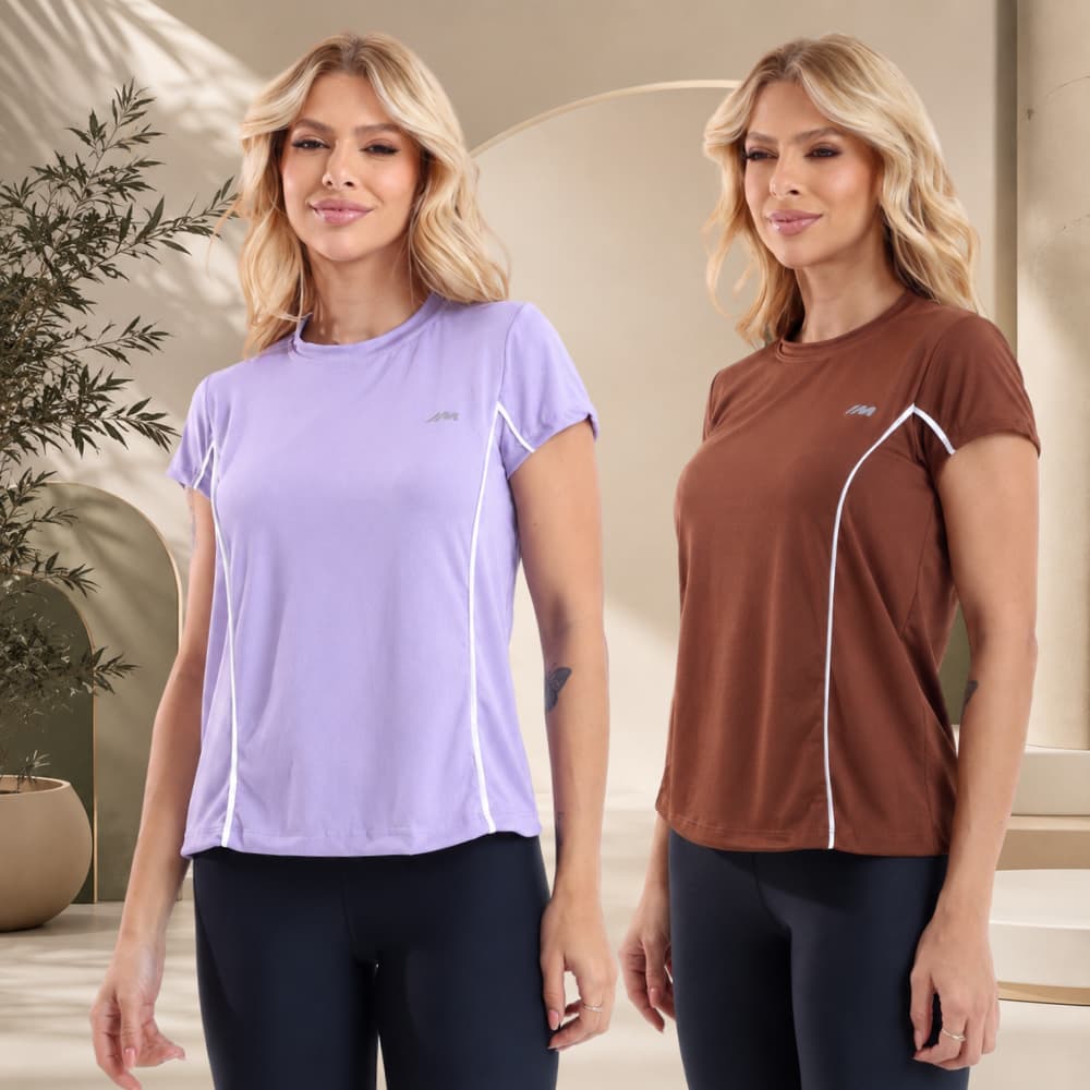 KIT 2 Camiseta Feminina Academia Blusa Poliamida Detalhe Dry Fit Estilosa Treino Caminhada Corrida Musculação
