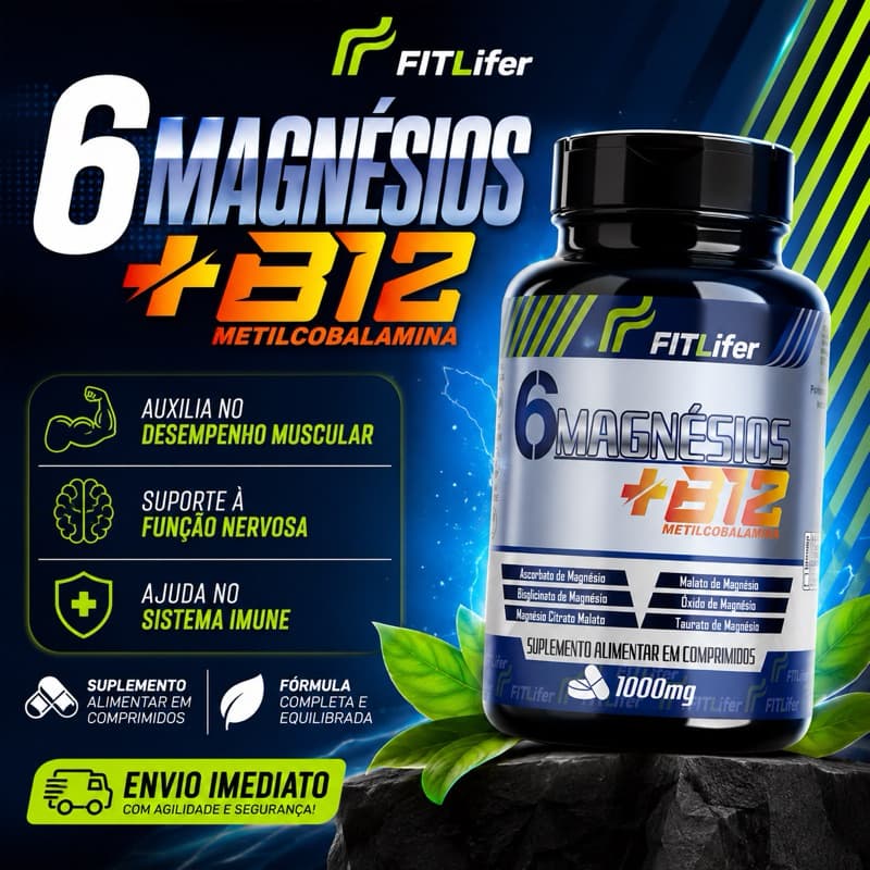 6 Magnésios + Vitamina B12 Metilcobalamina 1000mg – Suplemento Alimentar em Comprimidos FITLifer