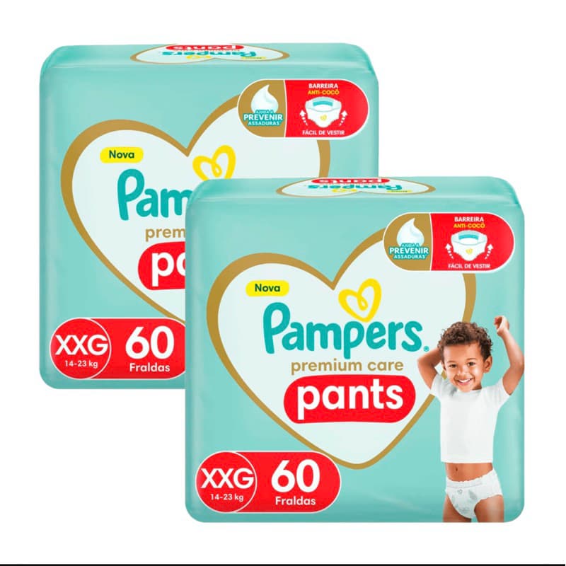 Kit com dois pacotes de Pampers Premium Pants XXG 60, totalizando 120 fraldas