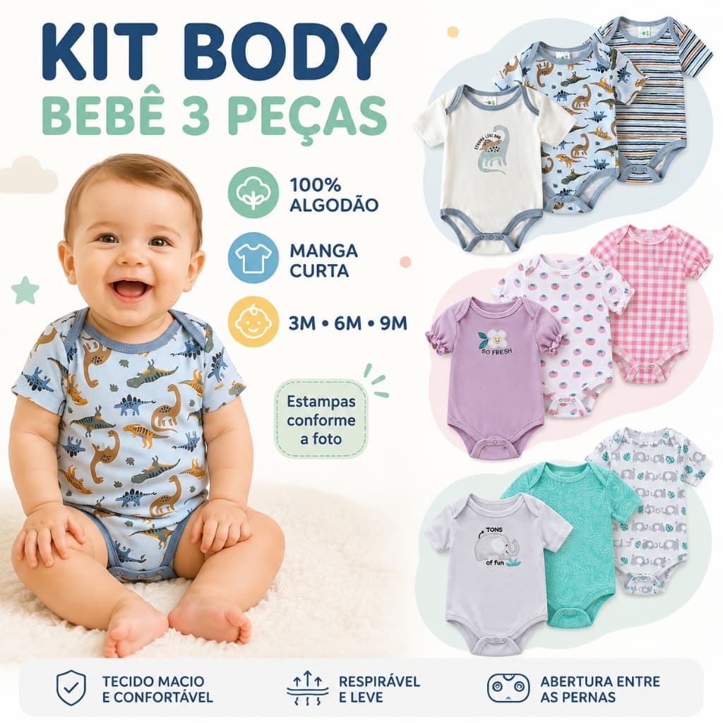 Kit 3 Body Bebê Manga Curta 100% Algodão Menino Menina Estampado Roupa Infantil Enxoval 3M 6M 9M
