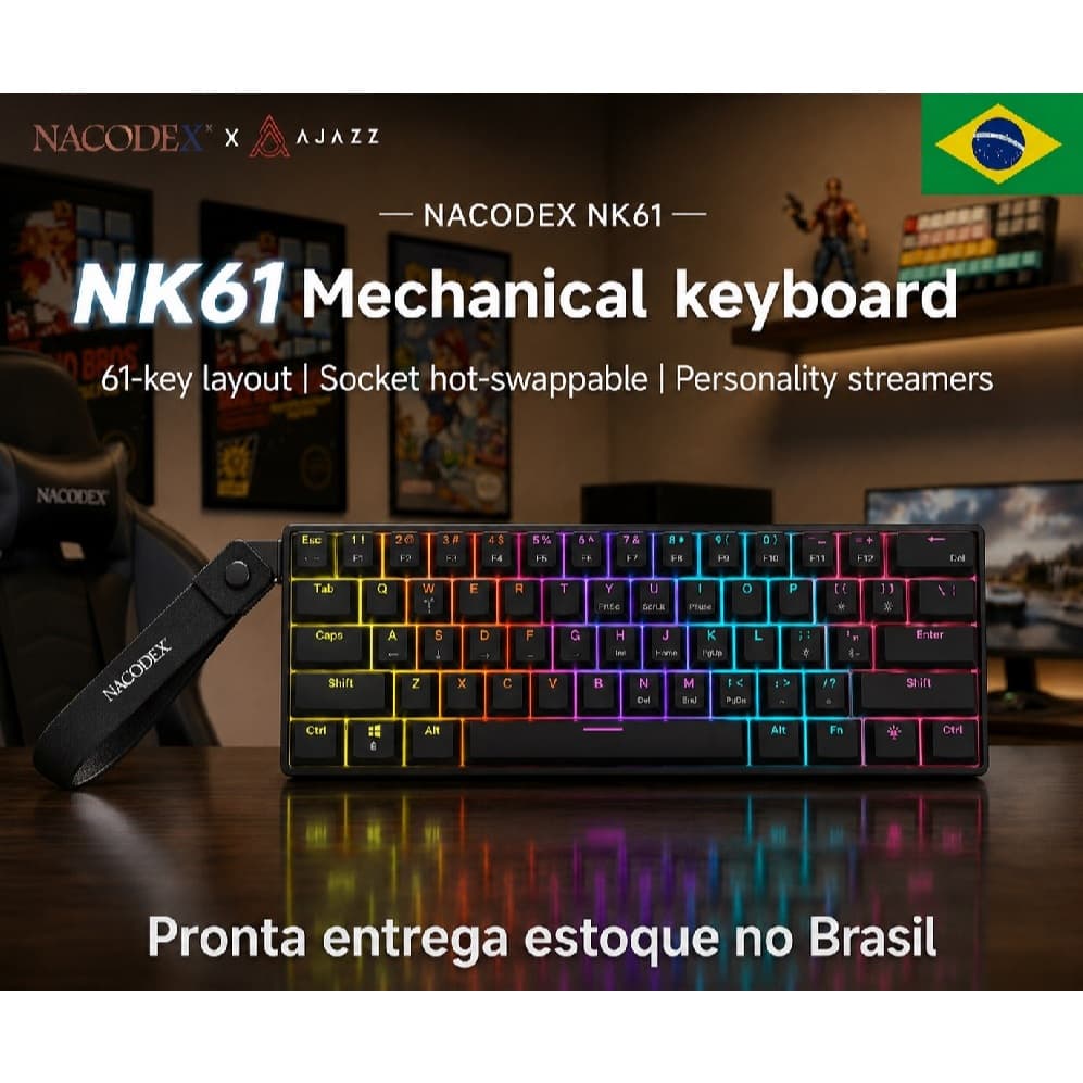 Teclado mêcanico Gamer Ajazz nk61 60% com fio rgb switch vermelho Pronta entrega ,Produto no Brasil