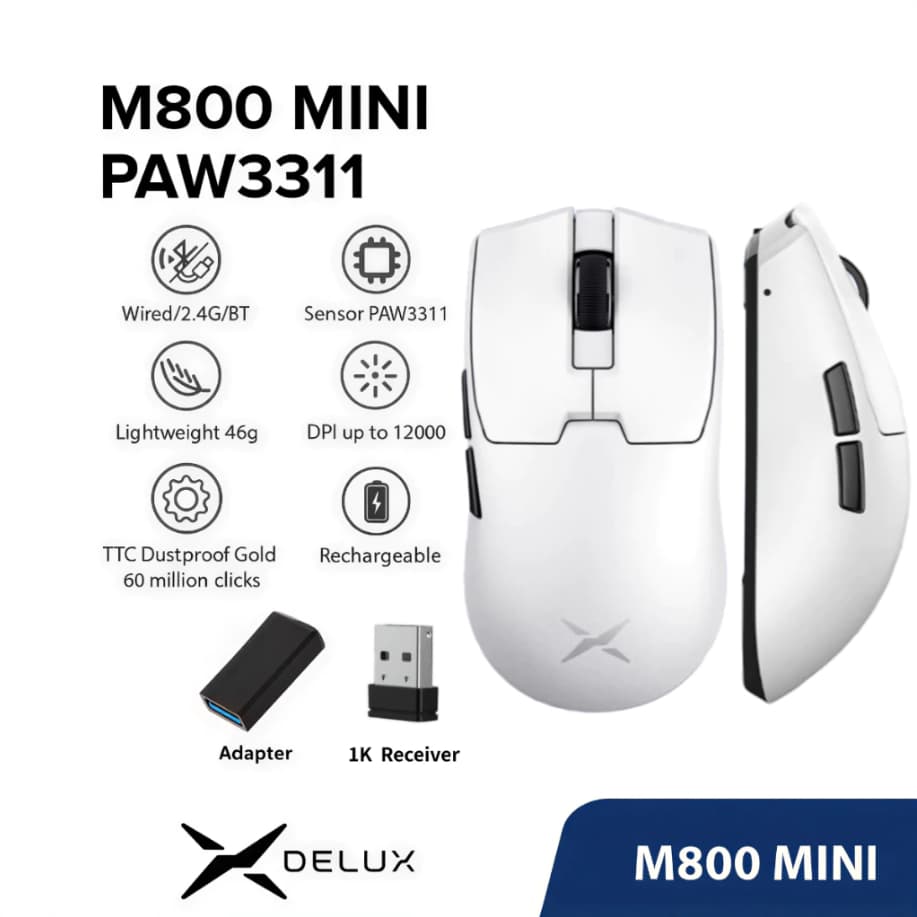 Delux M800mini Series PAW3311  Mouse Para Jogos DPI MAX 12000 Com Fio 2.4G Sem Recarregável 46g TTC Switch PC/Laptop/Win