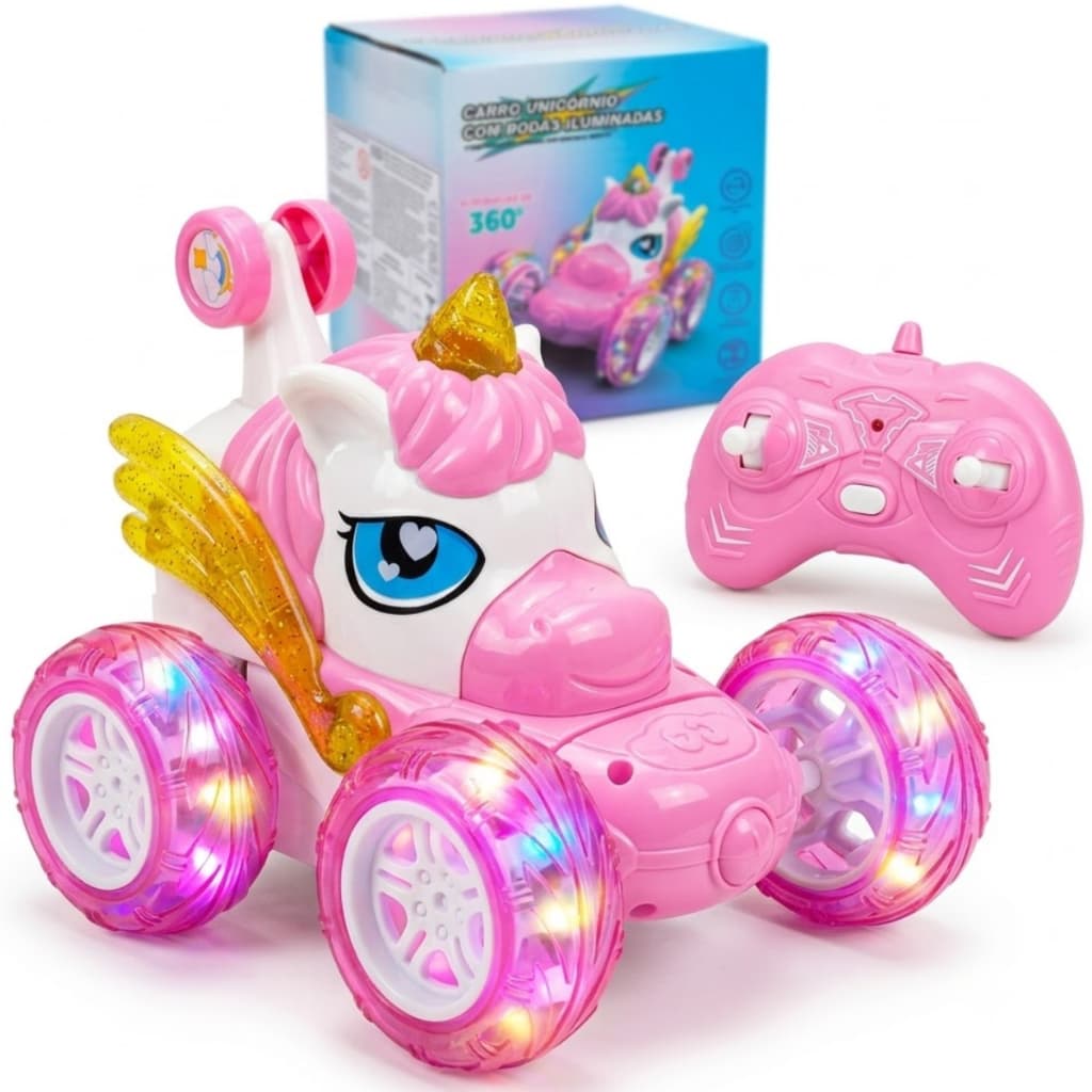 Carrinho de Controle Remoto Unicórnio Maluco Recarregável Luz LED 360 Menina