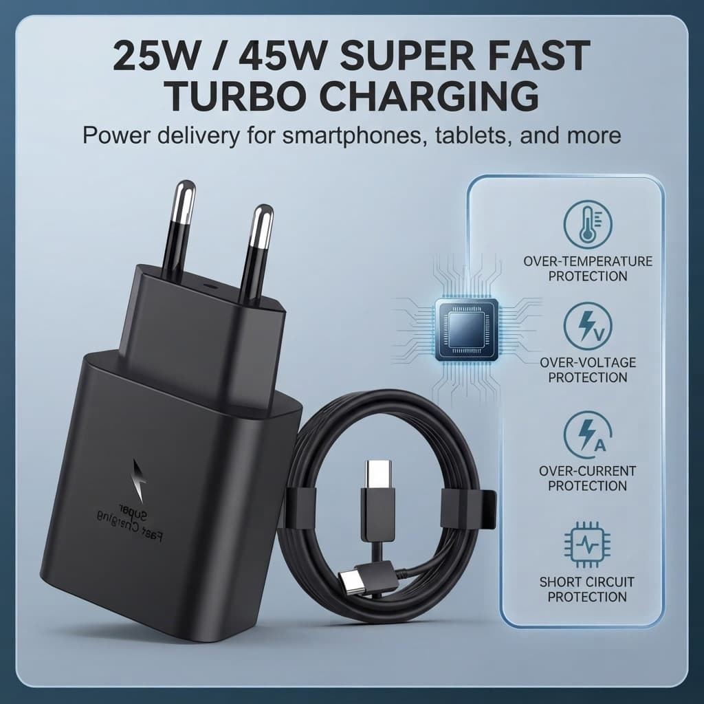 Carregador 25W/45W Turbo Carregamento Super Rápido USB C + Cabo Tipo C