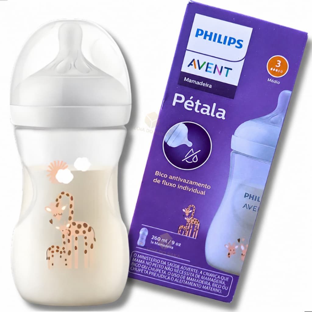 Mamadeira Philips Avent Pétala 260ml 3.0 - Bico N°3 - Fluxo Médio - Decorada Girafa