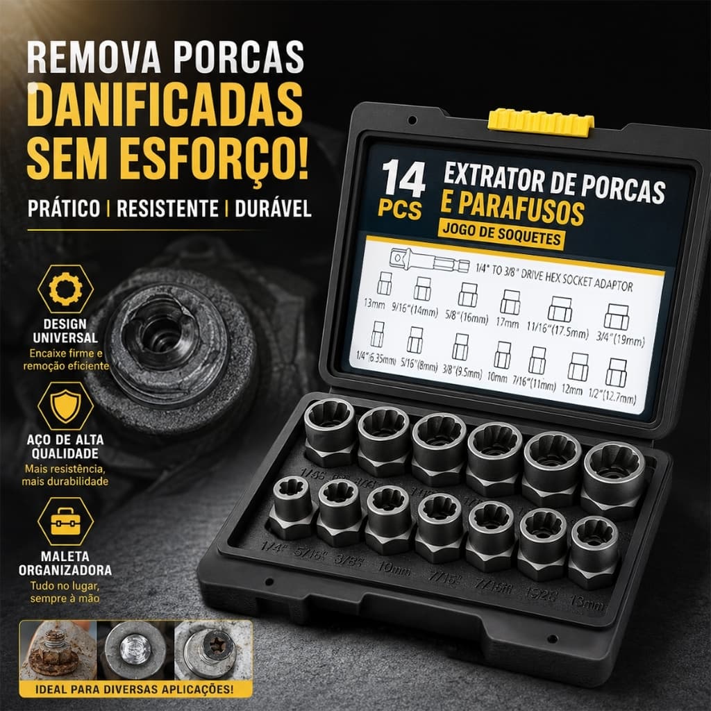 【Kit Novo】Extrator De Porcas E Parafusos 14 Tamanhos Kit Completo Aço Cr-V Ferramenta Profissional Resistente
