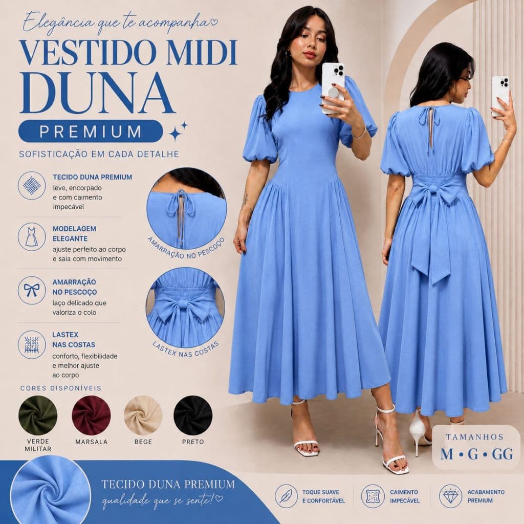 Vestido Midi Feminino com Manga Bufante Tecido Duna com Lastex nas Costas Moda 2026
