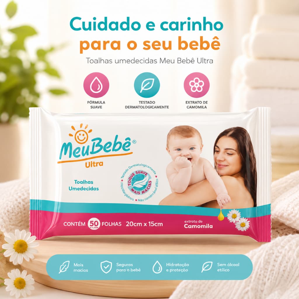 Lenço Umedecido Meu Bebê Ultra 50 Folhas com Camomila – Toque Suave para Bebê