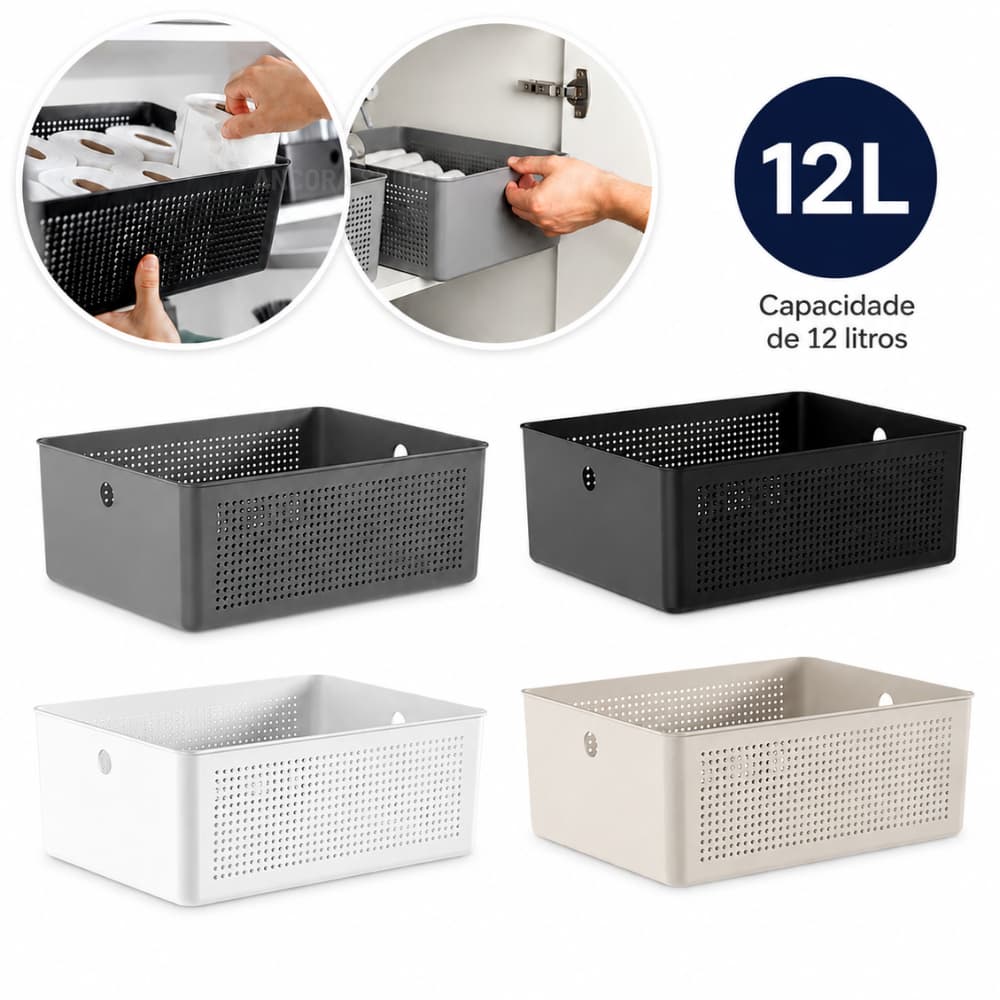 Cesto Organizador 12 Litros 34 X 27 Caixa de Organização Lavanderia Cozinha e Banheiro Flow Ou