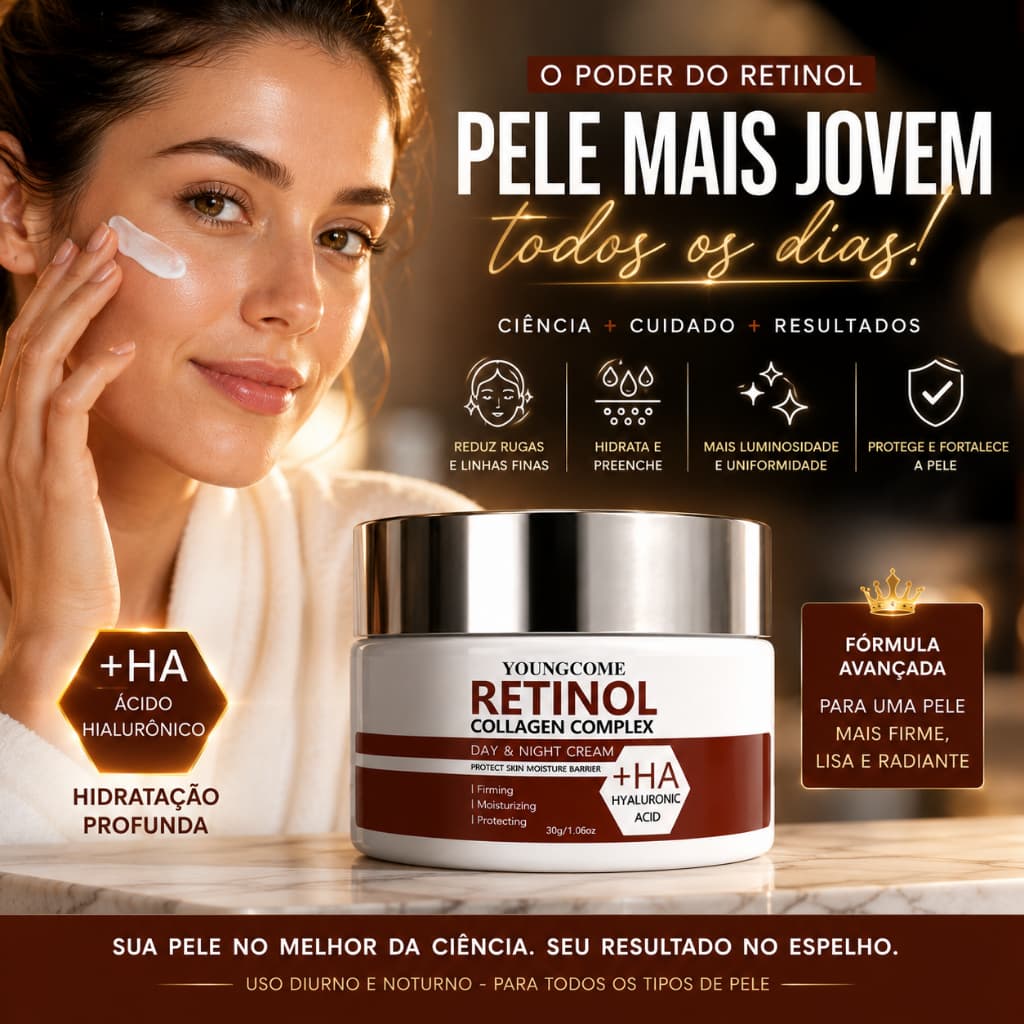 Creme Facial Retinol + Ácido Hialurônico Colágeno Day Night 30g | Anti-Idade Hidratação