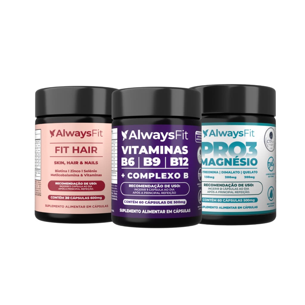 Kit Pro3Magnésio + Complexo B + FitHair AlwaysFit | 3 Magnésios, Vitaminas B, Biotina e Zinco | 3 Suplementos