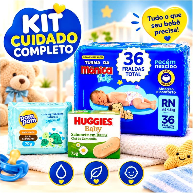 Kit Bebê RN 36 Fraldas + 2 Sabonetes (Huggies camomila e Pompom hidratante) | Higiene e Cuidado …..