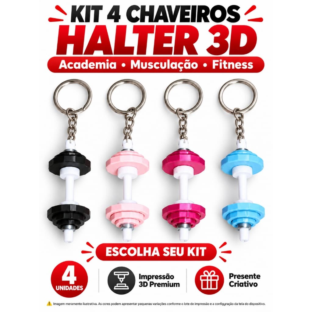 Kit 4 Chaveiros Halter 3D Mini Peso Academia Presente Personal Trainer