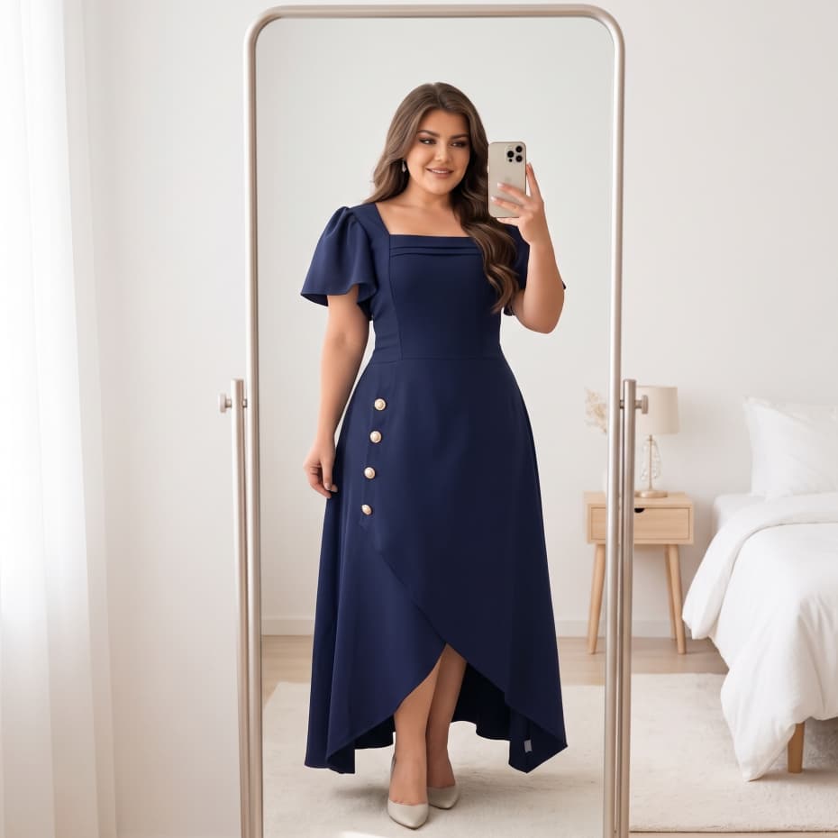 Vestido Midi Plus Size Feminino Elegante Social Moda Evangélica Festa Casamento Louis Twill