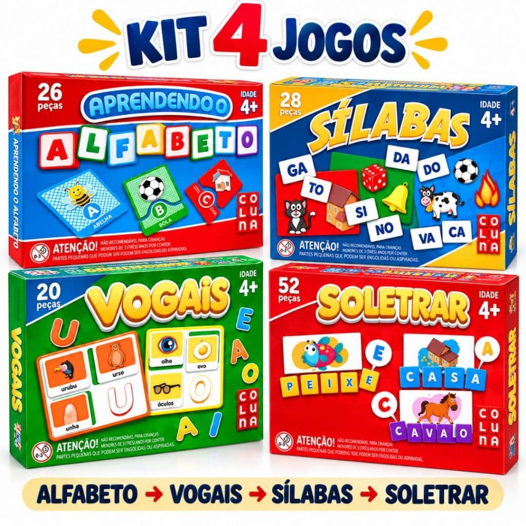 Kit 4 Brinquedo Pedagógico Educativo Jogos Vogais + Sílabas + Soletrar + Alfabeto  Alfabetização Infantil