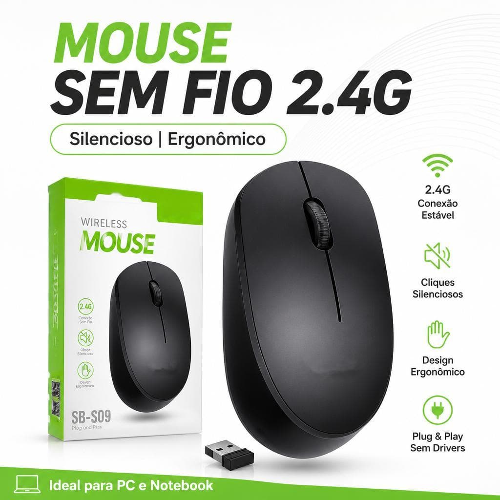 Mouse Sem Fio SB-S09 2.4G Silencioso Ergonômico Plug and Play Para PC e Notebook Conexão Sem Fio Praticidade e Conforto