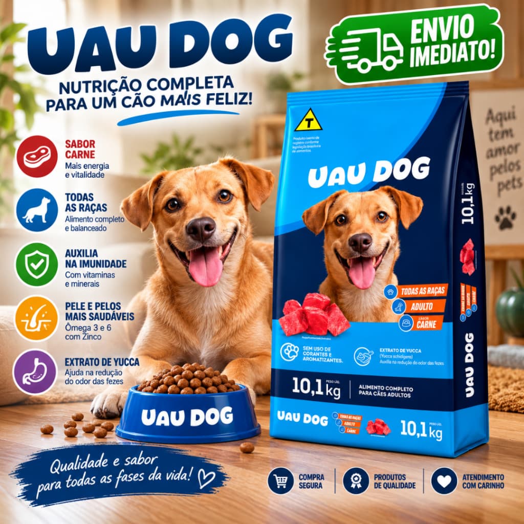 Ração Cachorro Uau Dog 10kg Adulto Sabor Carne Proteína 18% - Envio Imediato