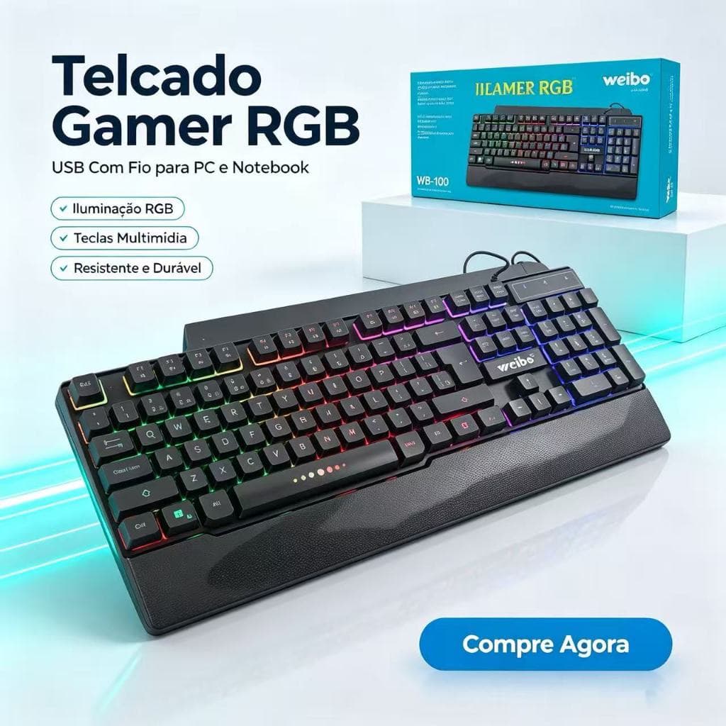 (Brinde Mousepad Grátis) Teclado Gamer Weibo WB‑100 USB Com Fio RGB, Ergonômico Para PC e Notebook