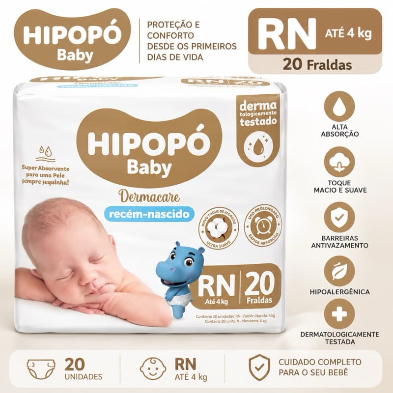 HIPOPÓ BABY Fralda Recém Nascido RN 20 unidades - 20Pcs