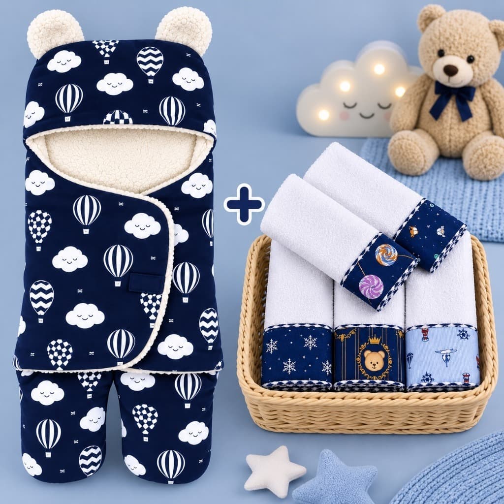 Kit Bebê Saco de Dormir Ursinho Sherpa + 5 Toalhinhas de Ombro Enxoval 6 Peças