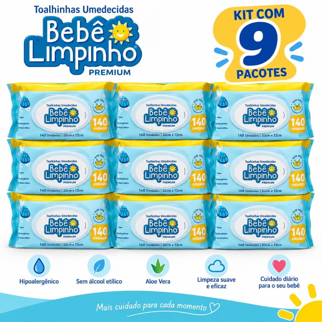Kit 5 e 9 Pacotes Toalha Umedecida Bebê Limpinho Cimed 140 Unidades – Lenço Umedecido Infantil Suave Hipoalergênico