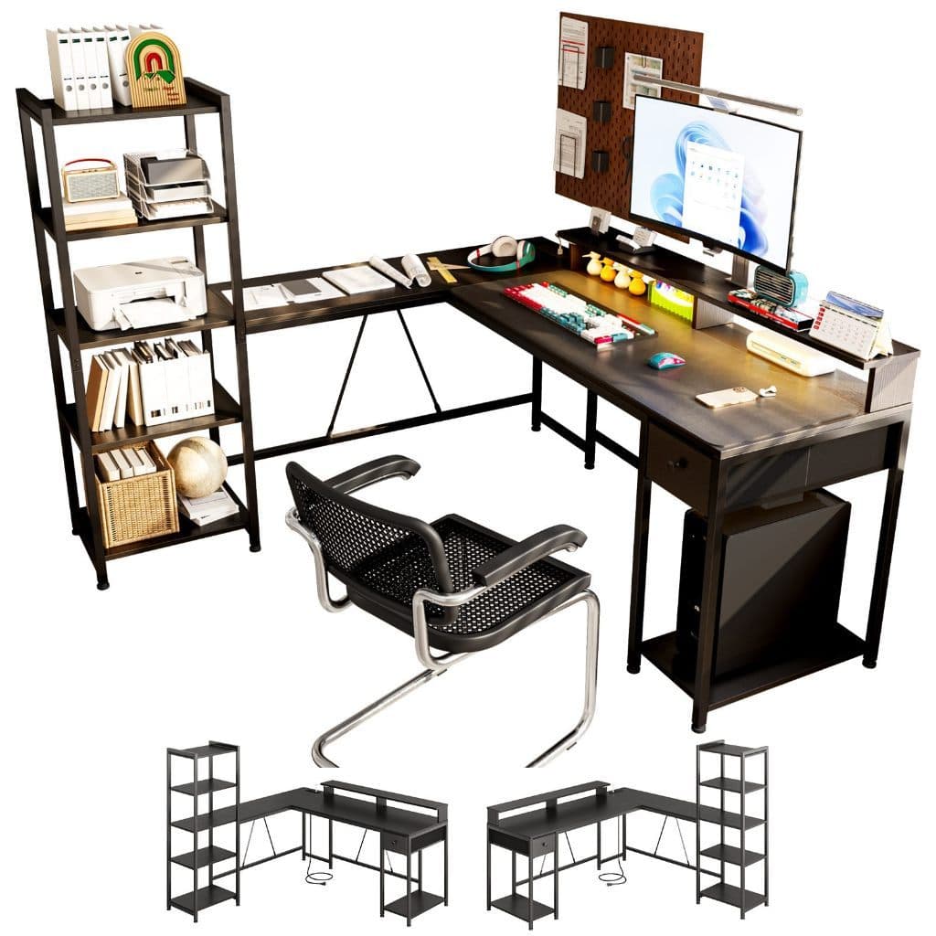 Mesa Gamer Preta em L 140x140cm com LED 2 Tomadas 2 USB Suporte para Monitor e Gaveta