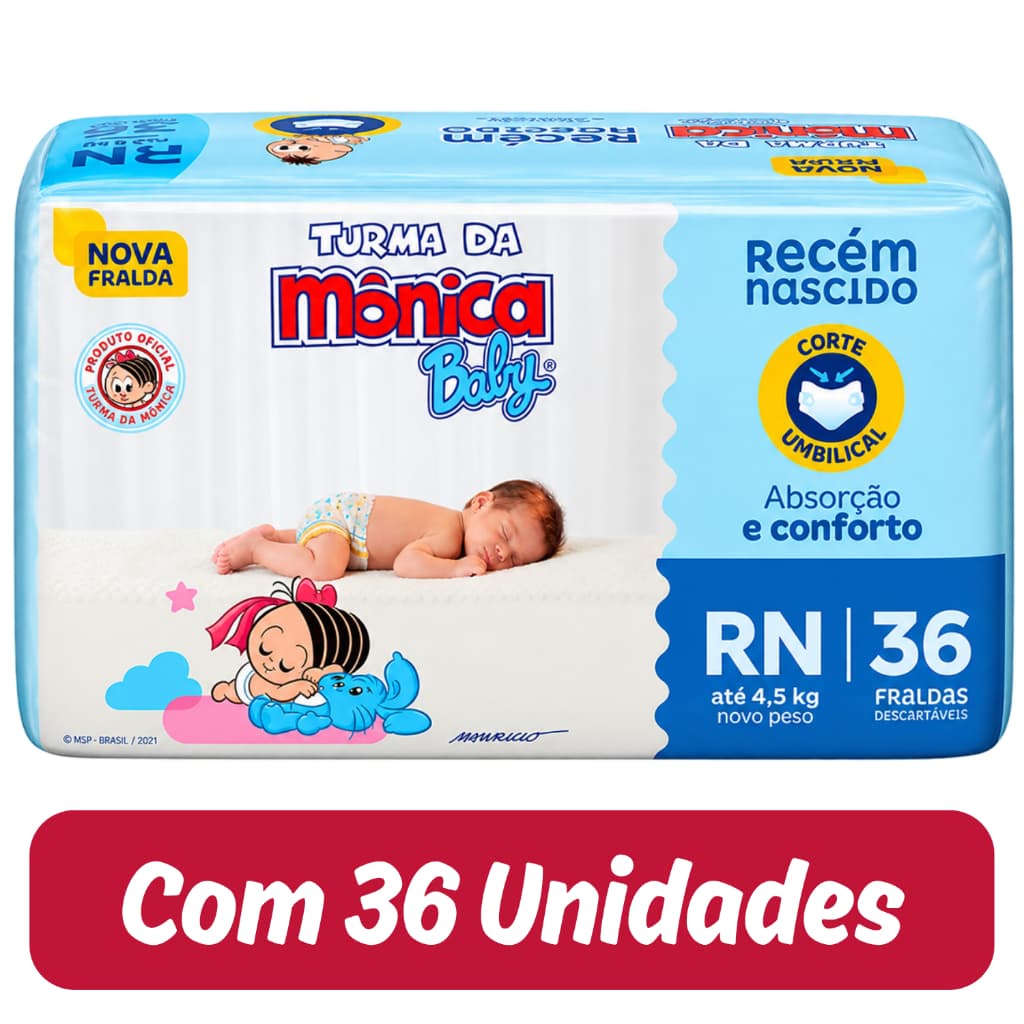 Fralda Descartável Turma da Mônica Jumbo Tamanho RN - 1 Pacote com 36 Fraldas