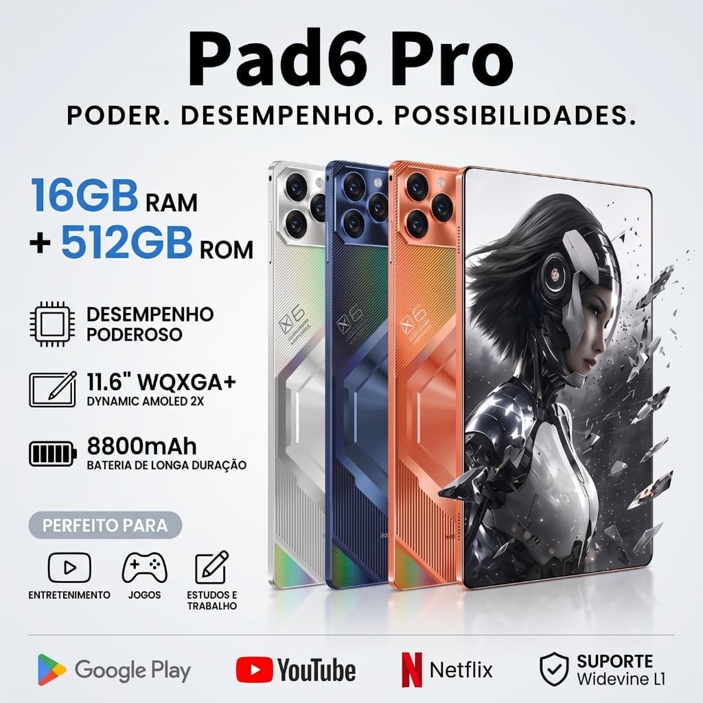 [Novo modelo]Tablet PAD6 Pro 11.6” com Teclado+Mouse 16GB RAM 512GB Android Câmera 48MP 8800mAh Android 15