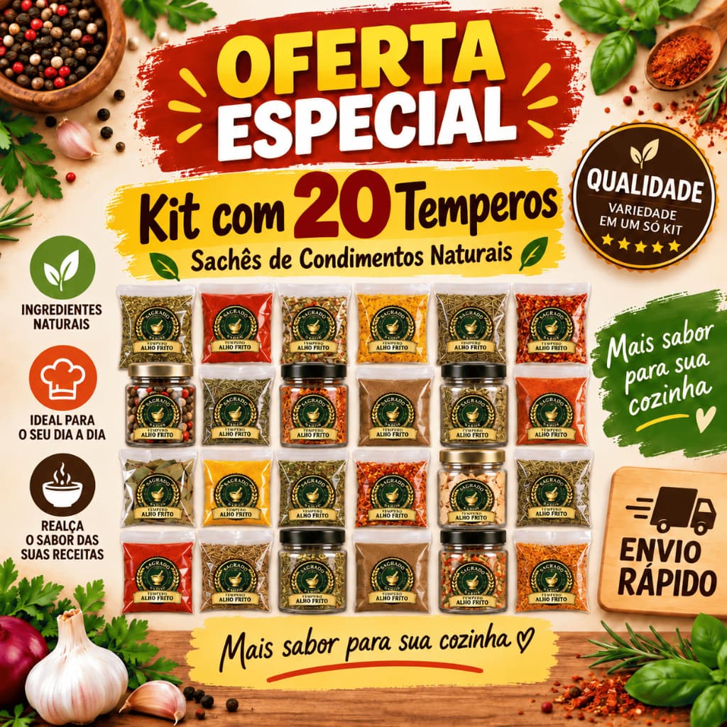 Kit 20 Temperos e Condimentos Naturais em Sachês Sem conservantes Envio Rápido