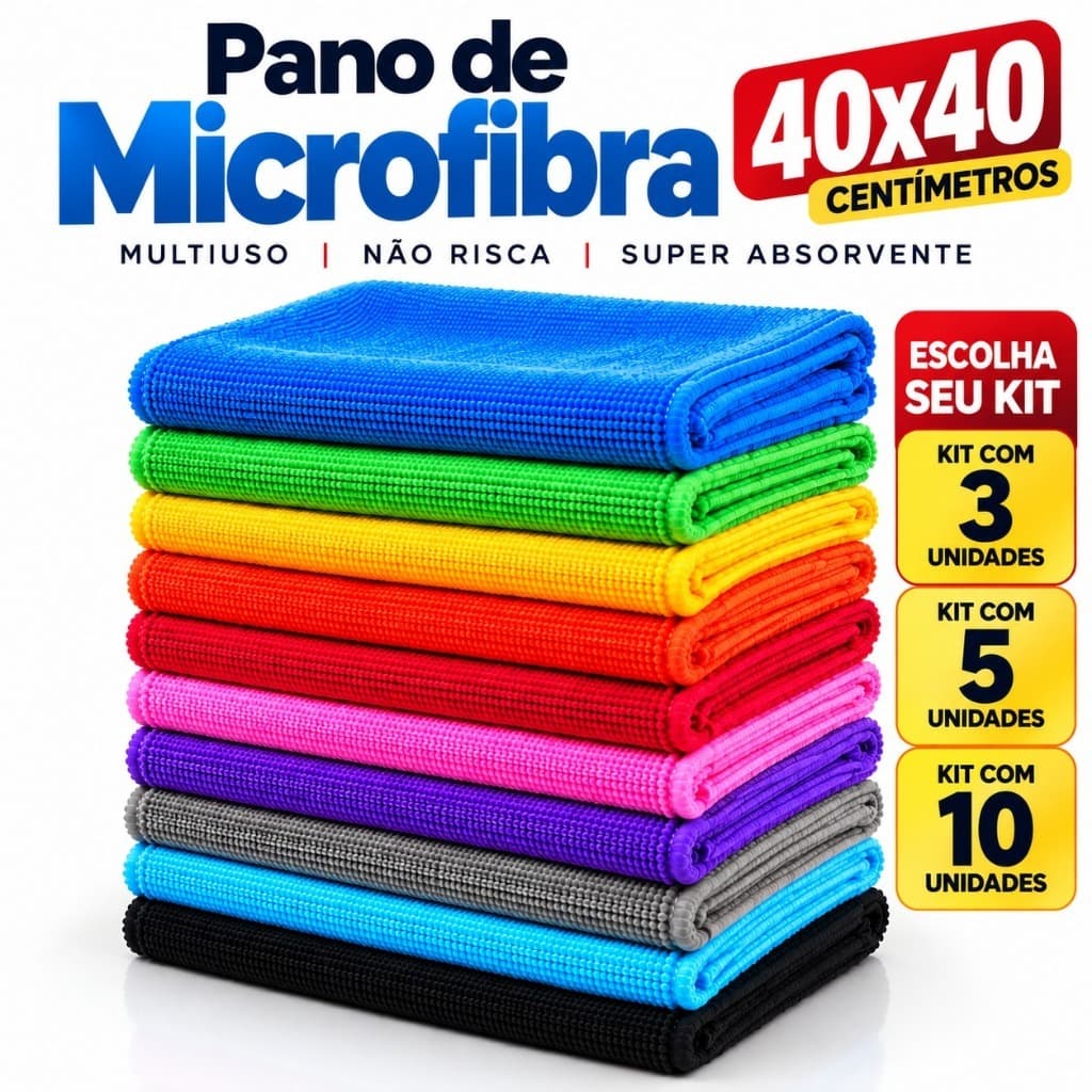 Kit Panos Microfibra 40x40 3 5 10 Unidades Alta Absorção Multiuso Limpa Vidro Carro Não Risca