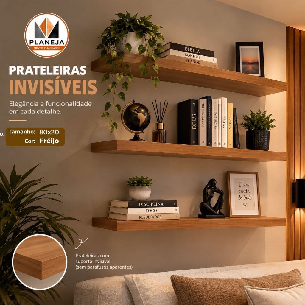 Prateleira MDF Freijó 80x20cm para Parede | Suporte Invisível | Prateleira Suspensa para Quarto Sala Escritório
