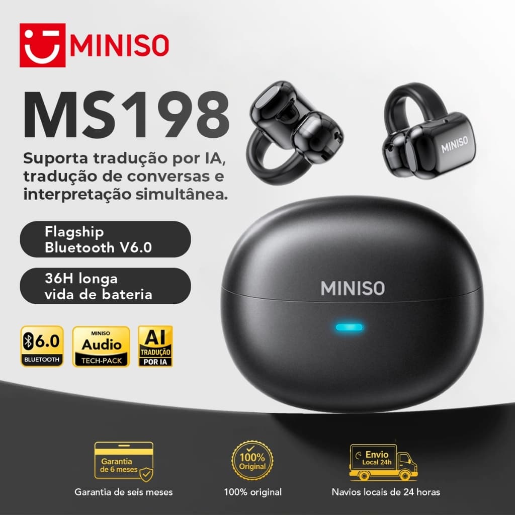 Fone Bluetooth MINISO MS198 com tradução por IA, Bluetooth 6.0, som HiFi, áudio surround estéreo, resistente à água IPX5