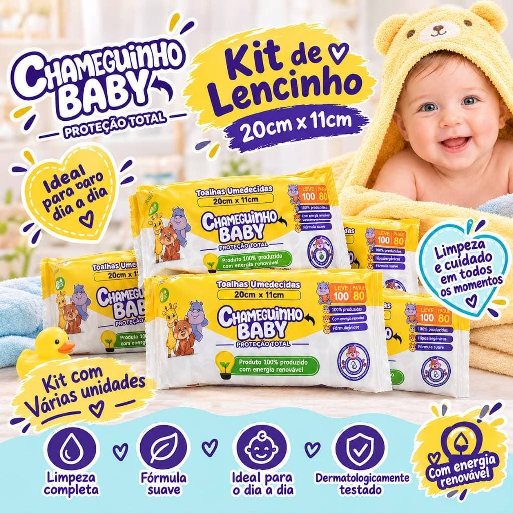 Kit Toalha Umedecida Bebê Chameguinho Baby 100 Unidades C/ Pacote Higiene Bebê Infantil