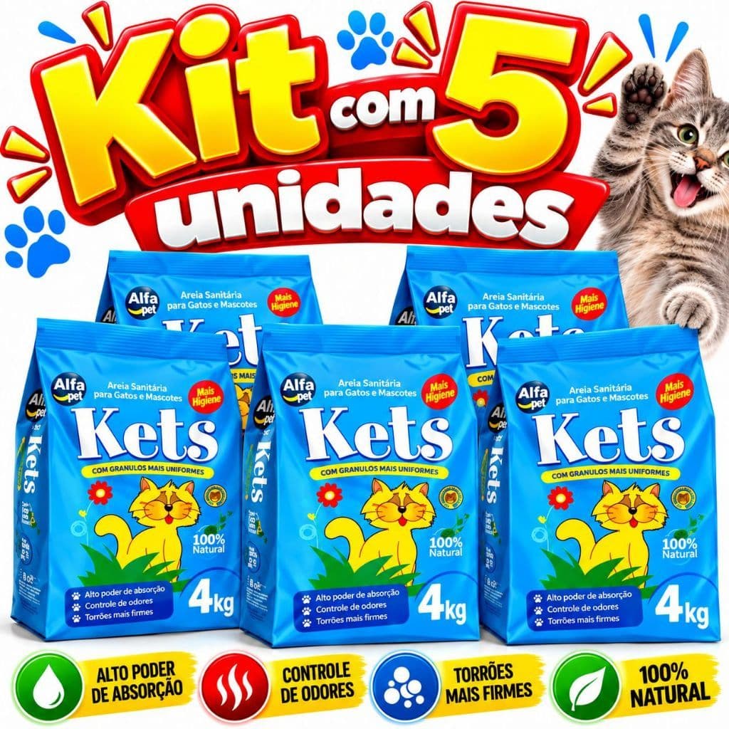 Areia Sanitária Kets Fardo C/ 5 pacotes de 4kg para Gatos e Mascotes Alfa Pet