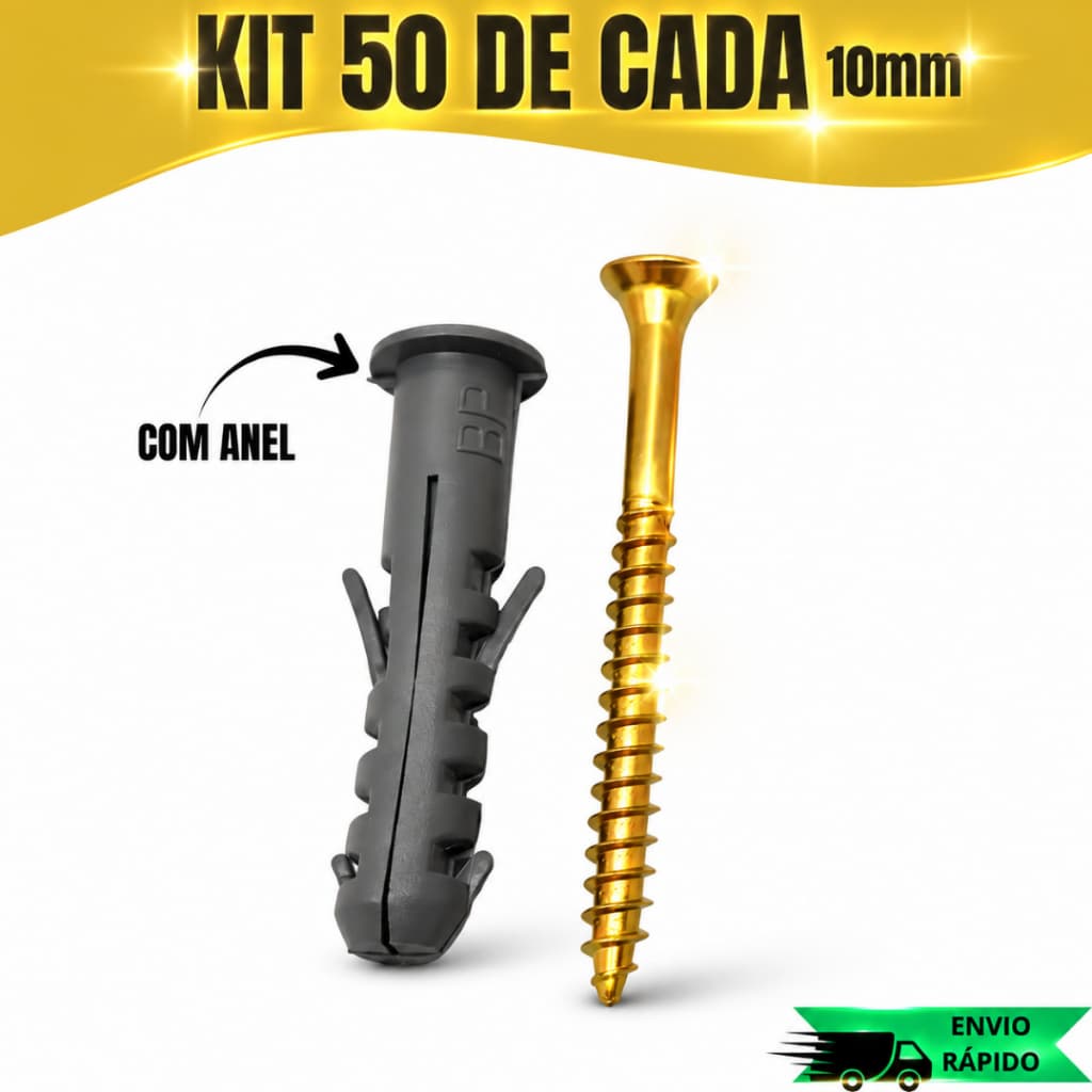 Kit 50 Buchas 10mm Com Anel + 50 Parafusos Phillips Para Fixação De Parede Concreto Alvenaria Prateleiras E Suportes