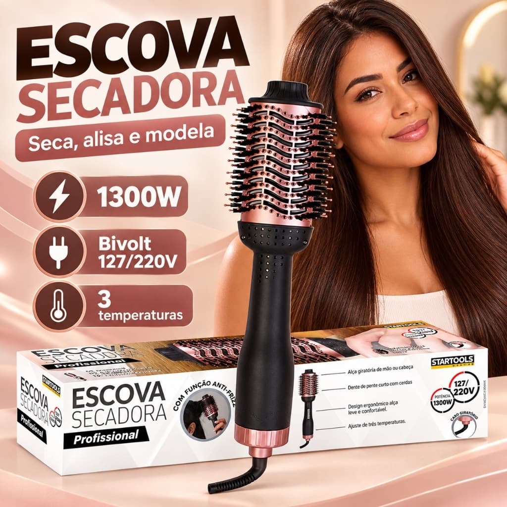 Escova Secadora de Cabelo Profissional Bivolt 1300W Giratória Íons Alisadora 110/220V