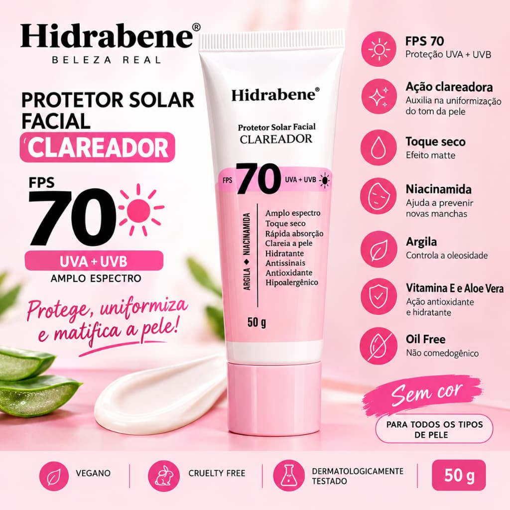 Protetor Solar Facial Hidrabene FPS 70 Clareador 50g Niacinamida Toque Seco Matte UVA UVB