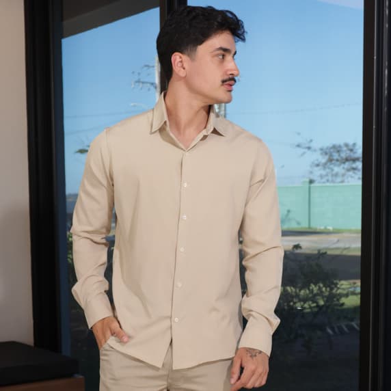 Camisa Social Masculina Manga Longa Slim Fit Premium com Elastano