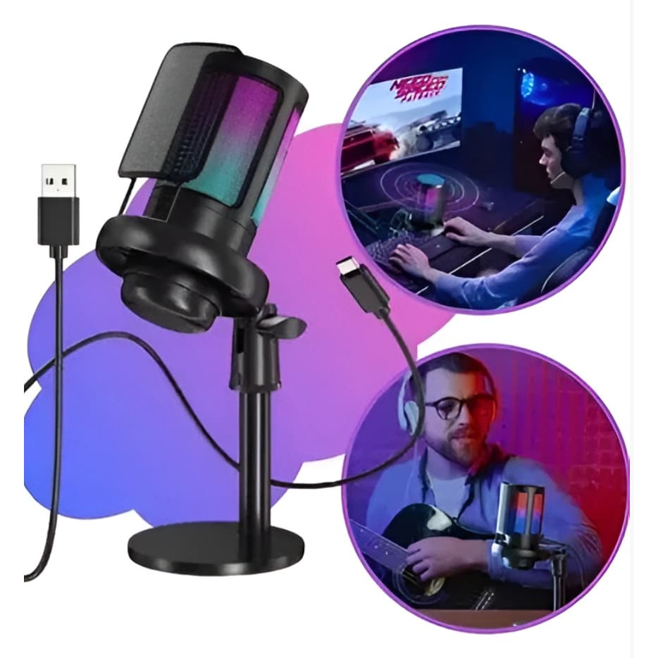 Microfone Gamer Condensador Podcast Alta Sensibilidade RGB Microfones Gravadores PC Gamer Notebook