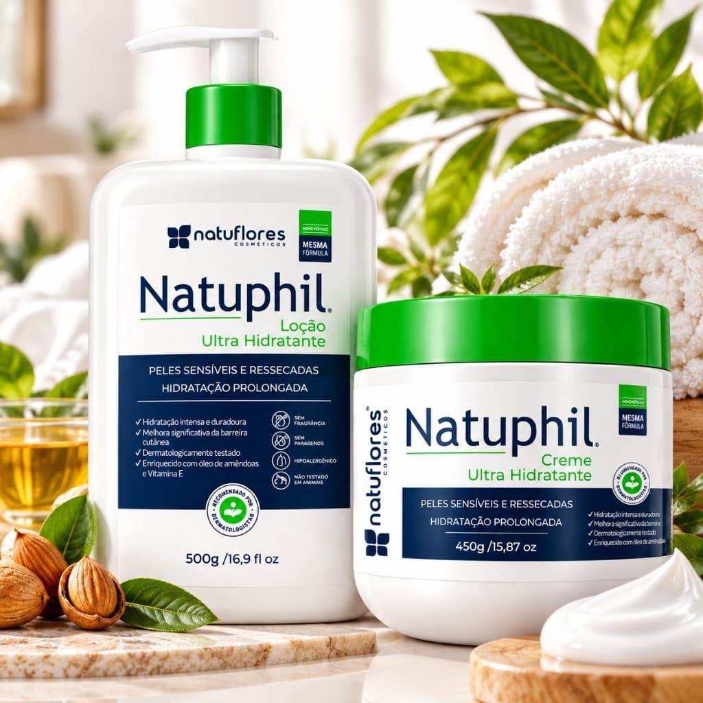 Creme Hidratante Para o Corpo Natuphil 450g + Loção Hidratante Para O Corpo 500ml Sem Cheiro Hipoalergenico Natuflores