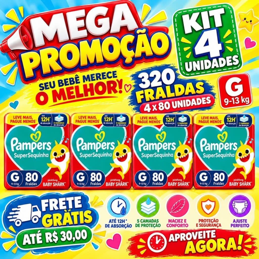 Fralda Pampers TAM G - SUPER Kit 4 Pacotes Total 320 Fraldas