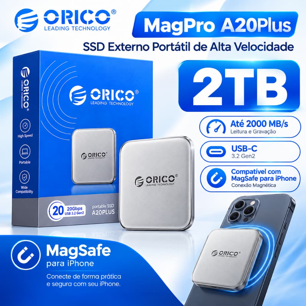 SSD Externo Portátil ORICO MagPro A20Plus 2TB USB-C 20Gbps até 2000MB/s Magnético MagSafe para iPhone windols anroid Mac