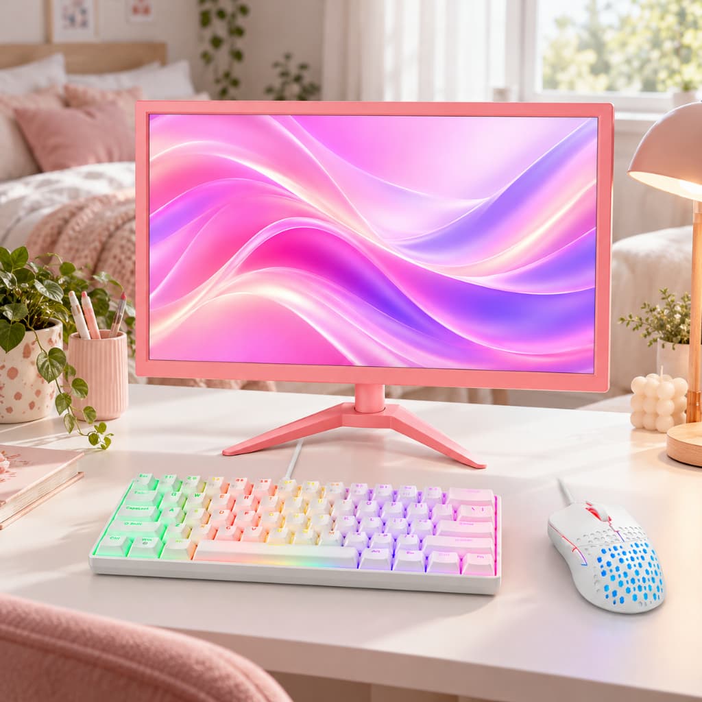 Setup Rosa Gamer Monitor 19" 75Hz MN19R1 Teclado Mecânico Switch Red RGB Mouse 7200DPI Sensor A825 Byqualy