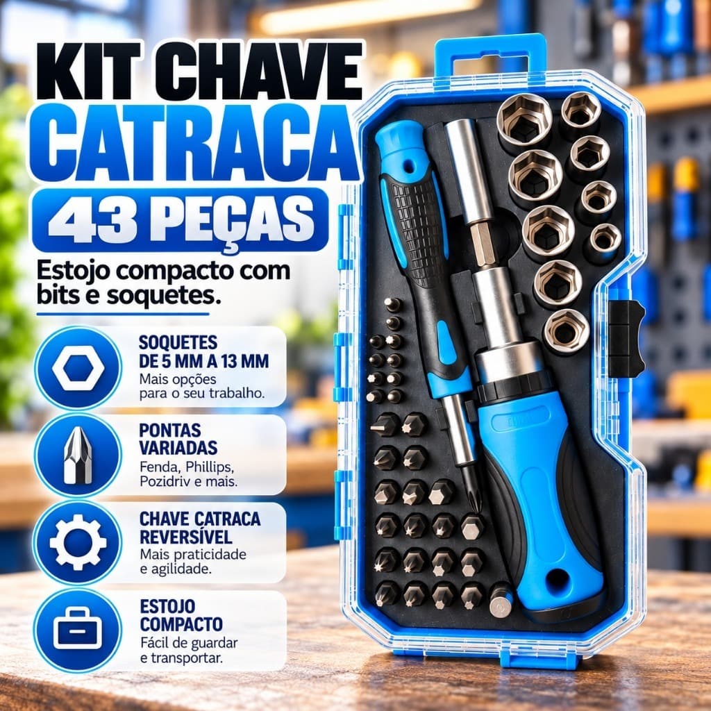 Kit Chave Catraca 43 Peças Jogo de Chaves com Bits Pontas Soquetes Fenda Phillips Torx Precisão