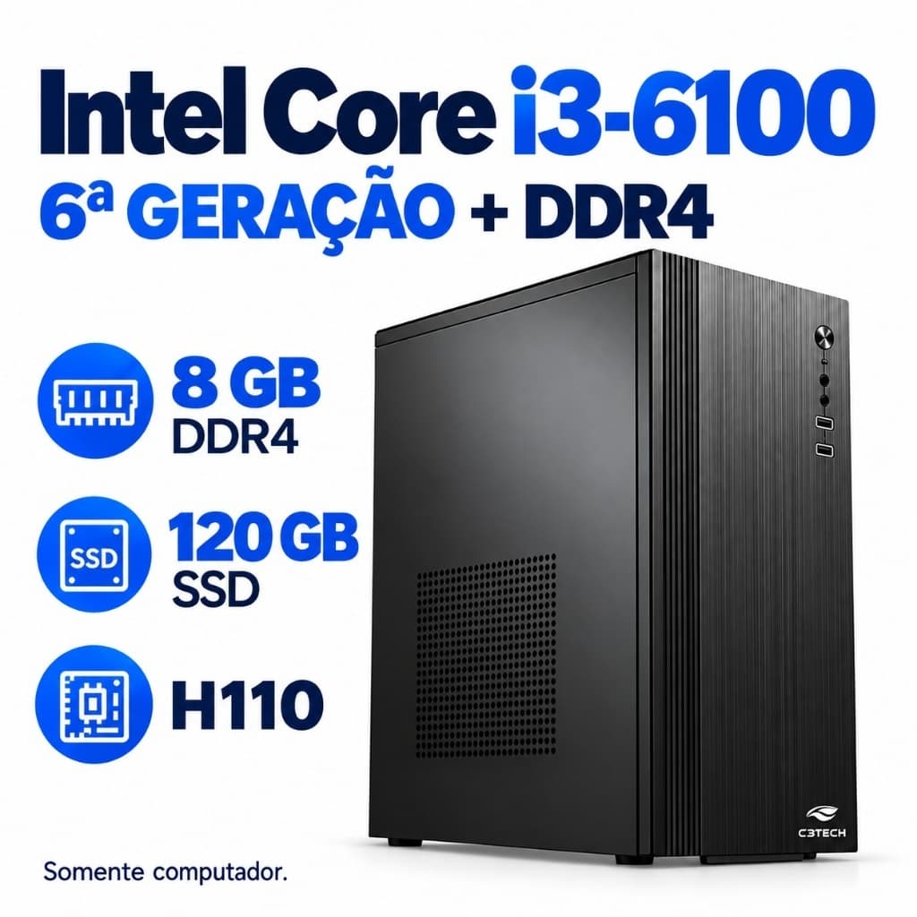 Computador Intel Core i3-6100 6ª Geração 8GB DDR4 SSD 120GB H110 Desktop Somente PC Windows 11 Trial Home Office Estudos