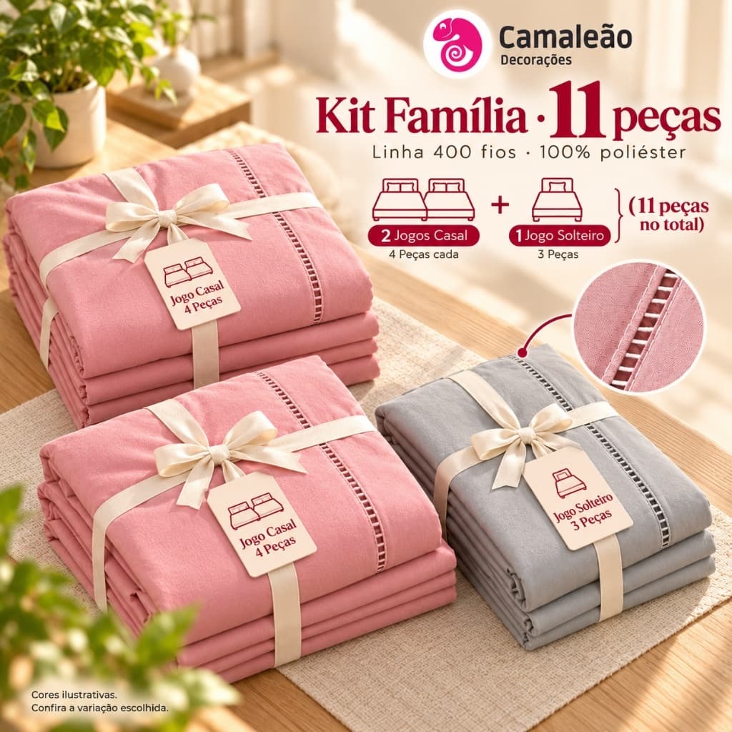 Kit Familia 2 Jogos Lençol Casal 4 Peças + Jogo Solteiro 3 Peças 400 Fios Aveludado