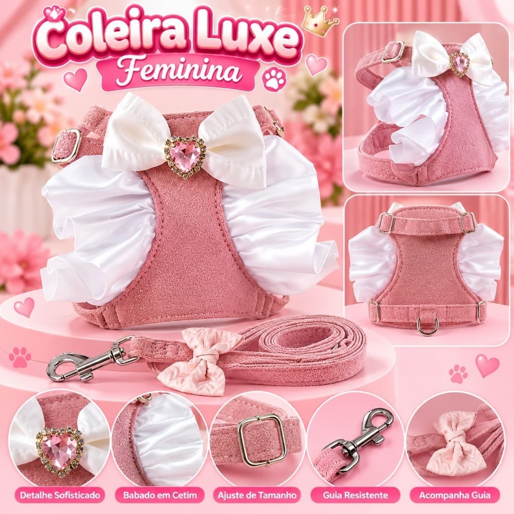 Coleira Peitoral Pet Luxe Feminina Rose com Laço de Luxo, Strass e Guia Ajustável para Cachorro Pequeno Porte
