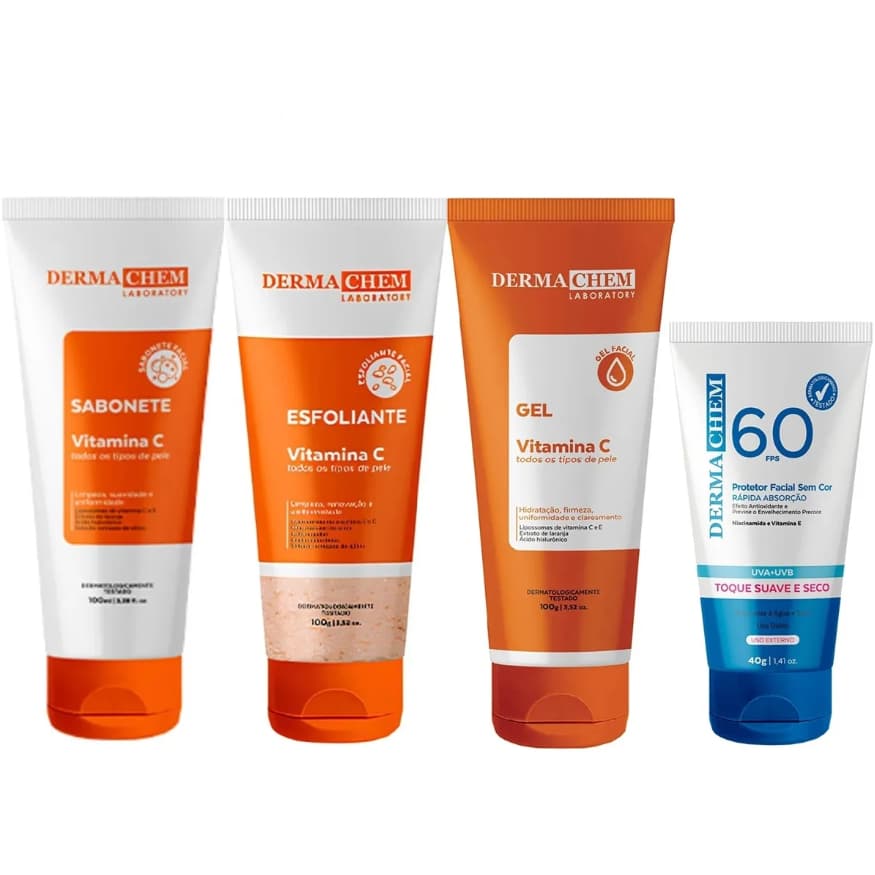 Dermachem Kit Skincare Facial Sabonete Gel Esfoliante Vitamina C Sérum Clareador Protetor FPS60