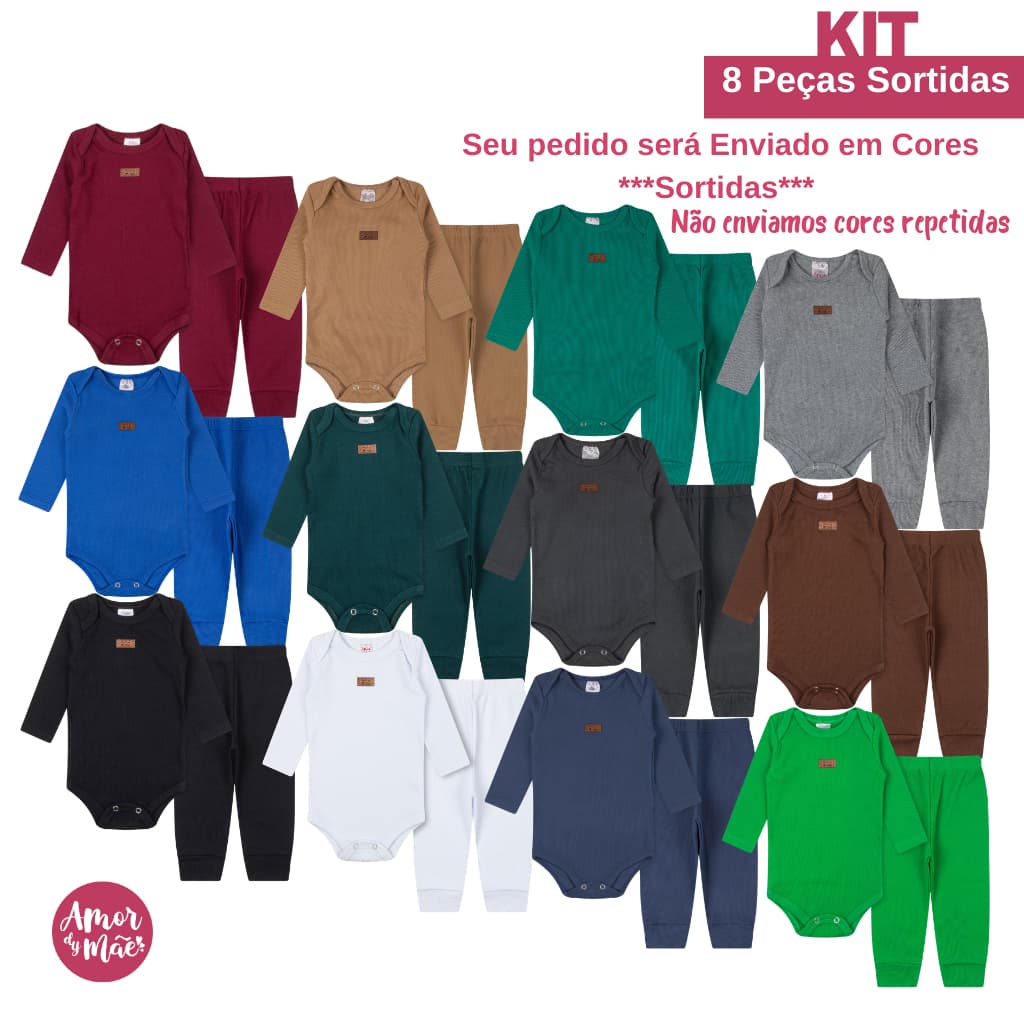 Kit 8 Peças Canelado Algodão Body Bebê Roupas de Bebê Manga Longa Calça Mijão Menino Menina P M G GG