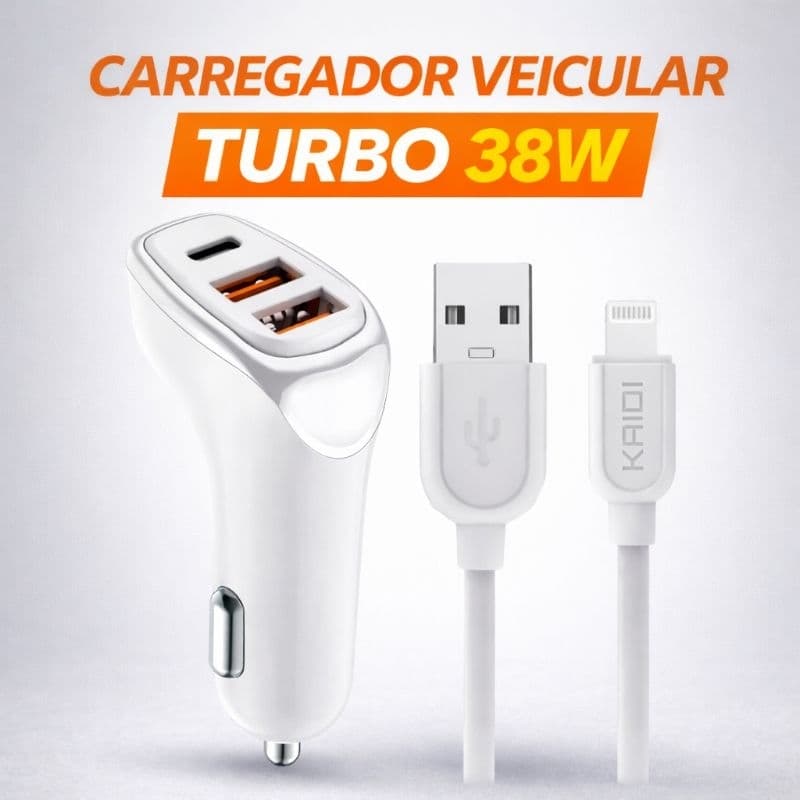 Carregador Veicular Turbo 38W Kaidi KD-304A PD + QC 3.0 Auto ID Cabo Lightning Homologado Anatel